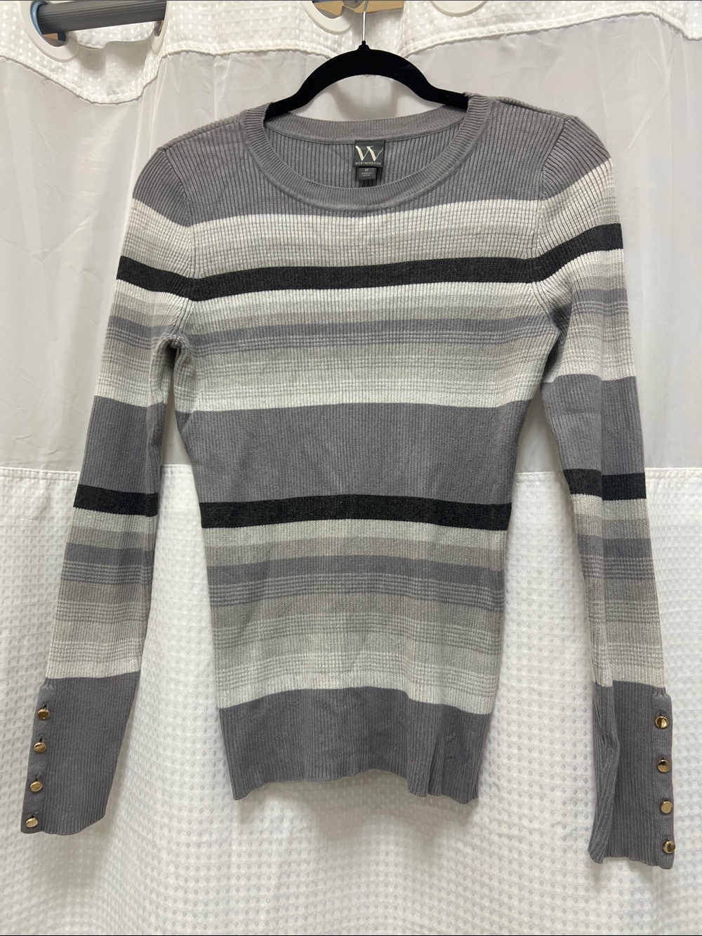 W by Worth Gray and Cream Striped Long-Sleeve Ribbed Top